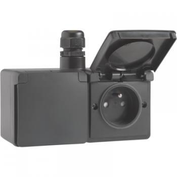 IP 55 opbouwdoos -2 stopcontacten 2p met aarding horizontaal 1xm20 zwart IP 55 opbouwdoos -2 stopcontacten 2p met aarding horizontaal 1xm20 zwart