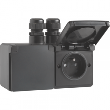 IP 55 opbouwdoos - 2 stopcontacten 2p met aarding horizontaal 2xm20 zwart IP 55 opbouwdoos - 2 stopcontacten 2p met aarding horizontaal 2xm20 zwart