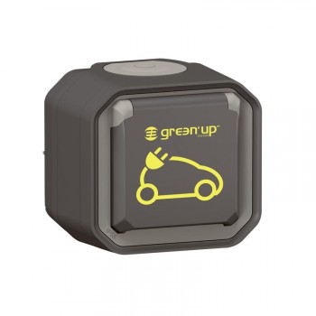 Plexo IP55 prise de courant 16A 250V bipolaire terre avec volet Green'up pour la recharge d'un véhicule électrique méchanisme mode 2 avec boîte de montage