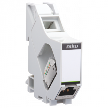 niko din rail module met afgeschermde rj 45 connector stp cat 6a klaar voor poe++, voor centrale montage van een rj aansluitpunt